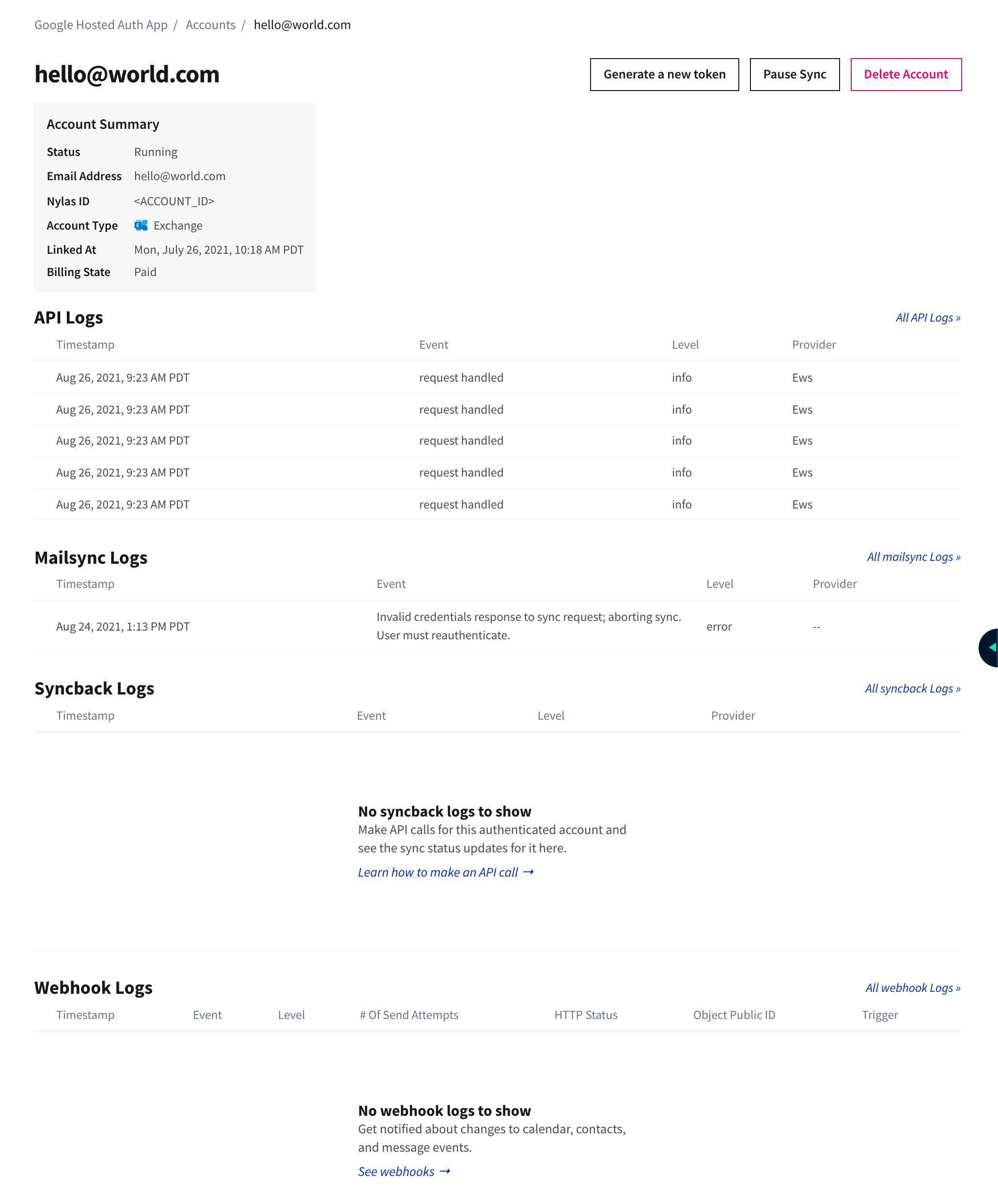 The "Account information" page showing a summary of the "hello@world.com" account. The account management details and activity logs are displayed.