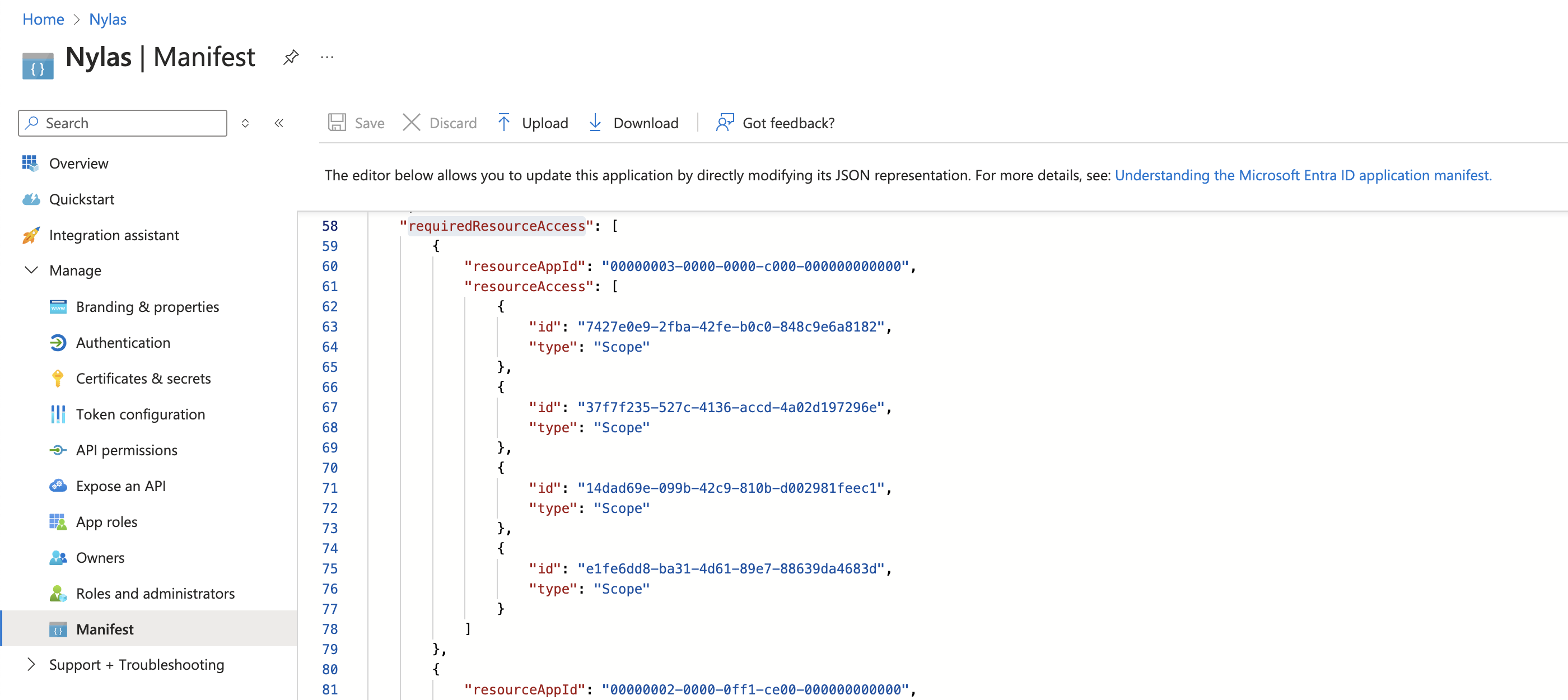 The Microsoft Azure Portal displaying the "Manifest" page. A code panel is displayed, containing JSON code. The "requiredResourceAccess" parameter is highlighted.