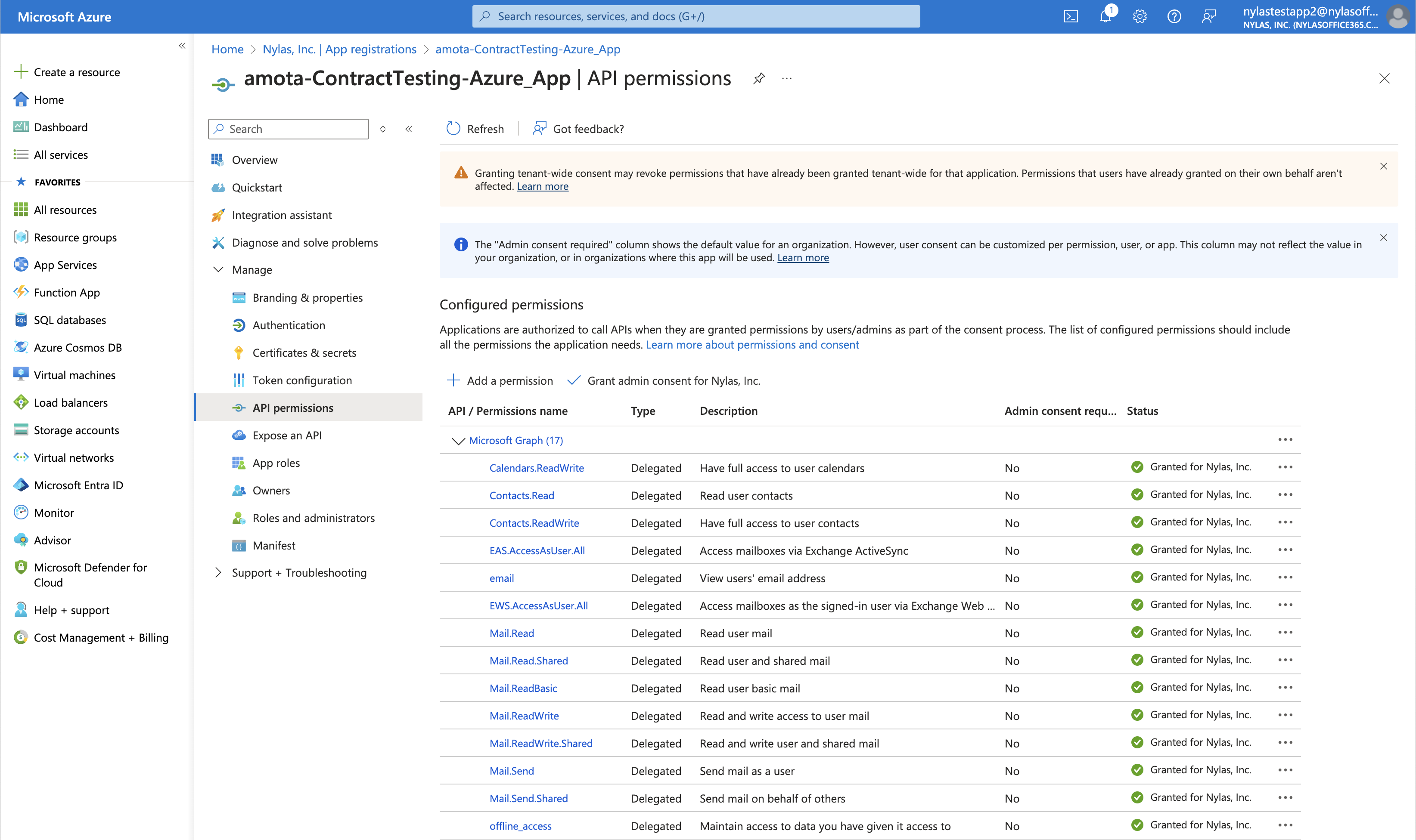 The Microsoft Azure Portal showing the "API permissions" page for a test application. The configured Microsoft Graph permissions are listed.