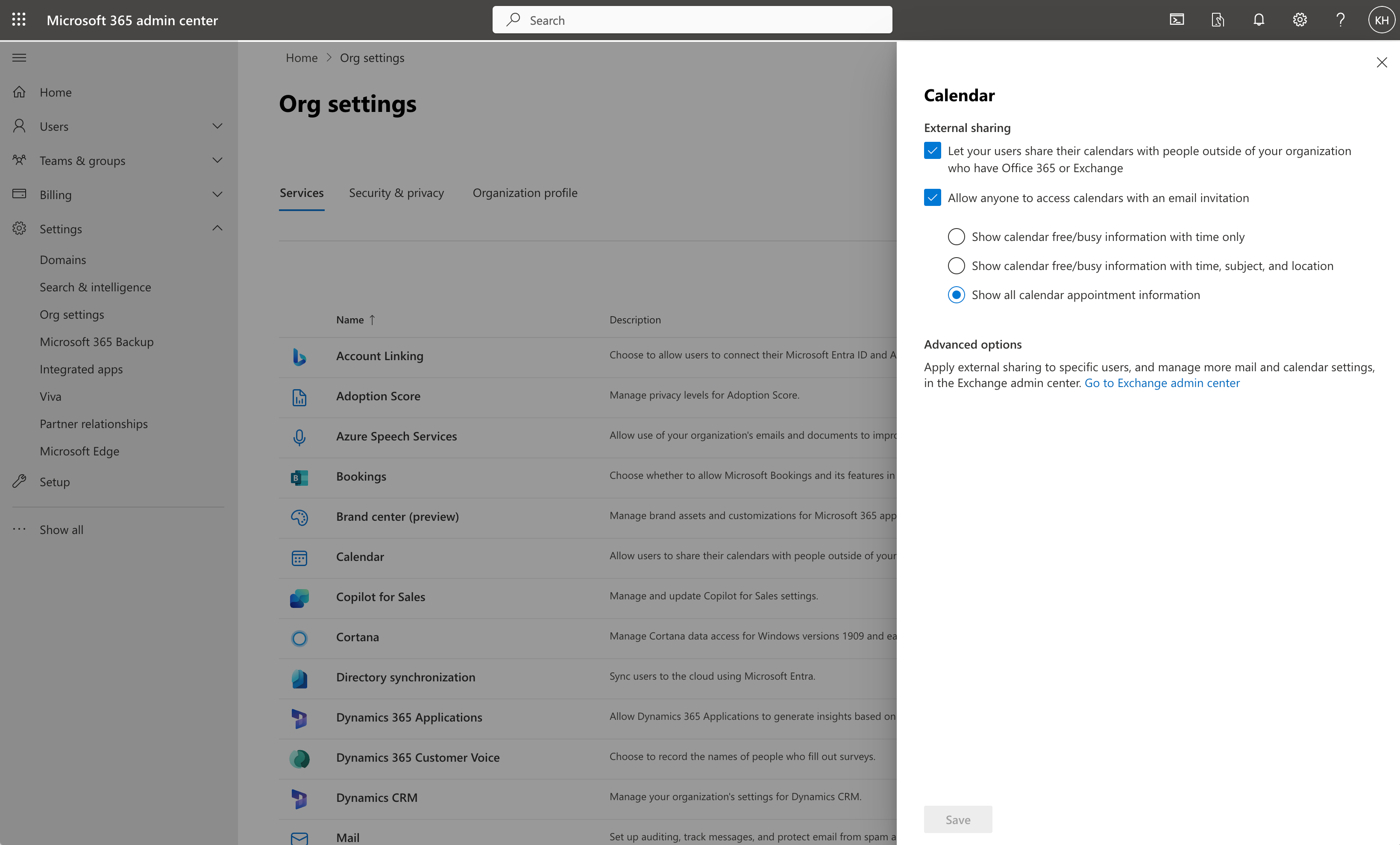 The Microsoft 365 Admin interface showing the "Calendar" settings panel. A list of calendar sharing options is displayed.