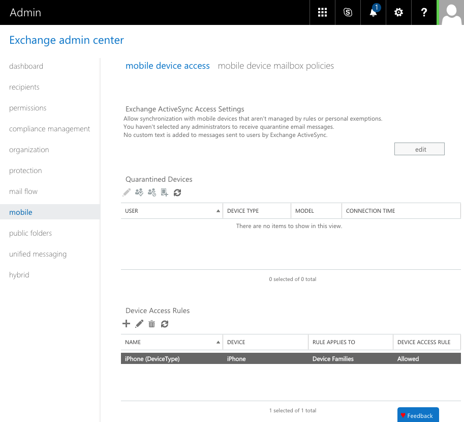 The Microsoft Exchange admin interface showing the "Mobile device access" page. A list of quarantined devices and a list of device access rules is displayed.