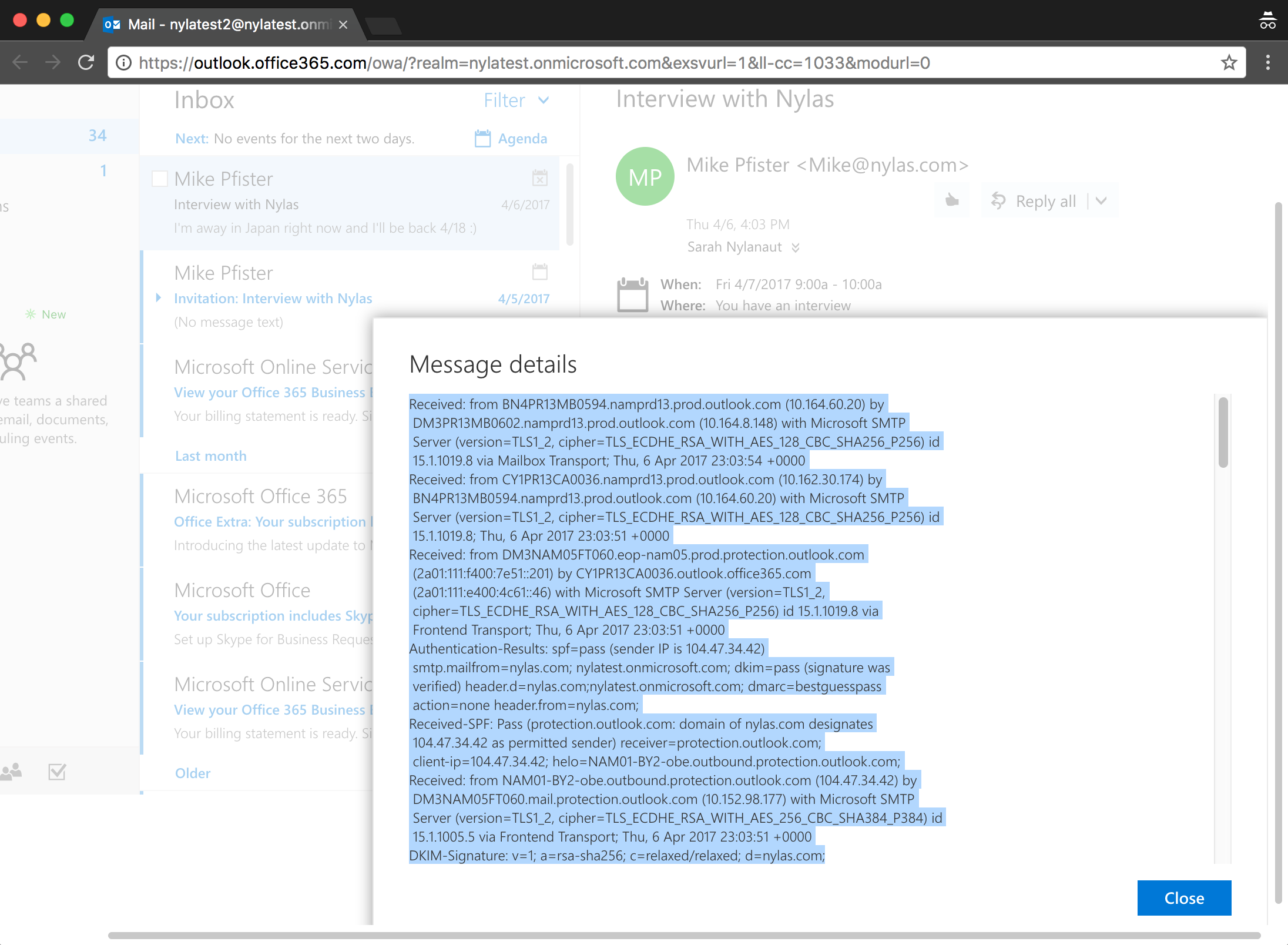 The Microsoft Outlook interface. An email message is open, and the "Message details" pane is displayed. The text inside the pane is highlighted.