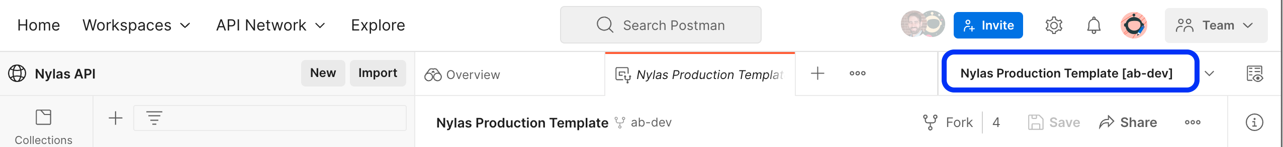 The Postman UI. The "Nylas Production Template" option is highlighted at the top-left of the page.