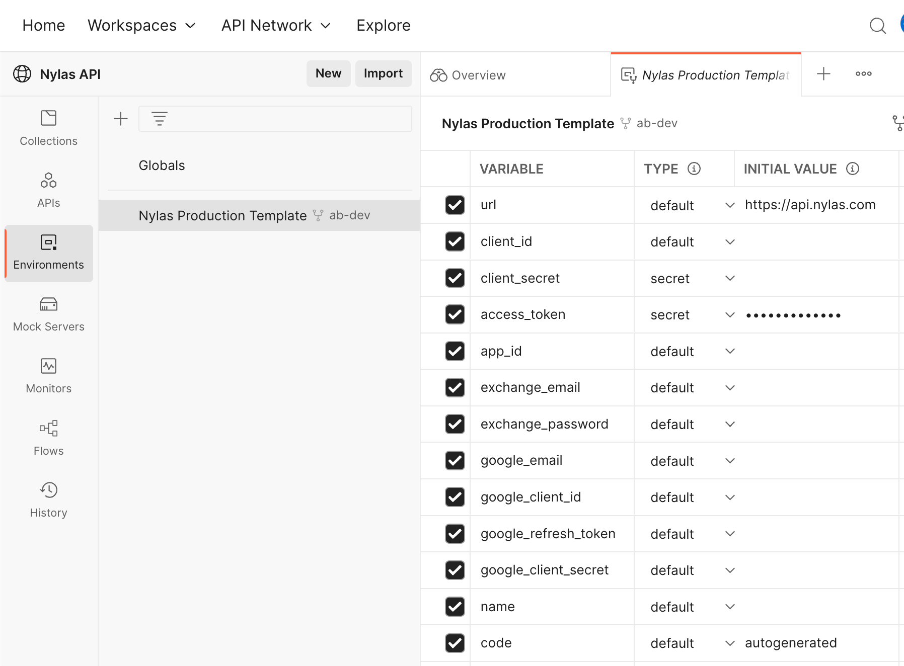 The Postman UI displaying a list of environment variables.