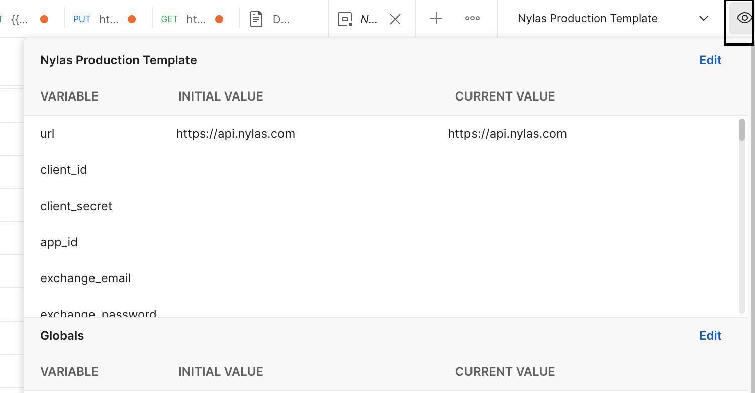 The Postman UI displaying a list of environment values for the Nylas Production Template. The eye symbol at the top-right of the page is highlighted.