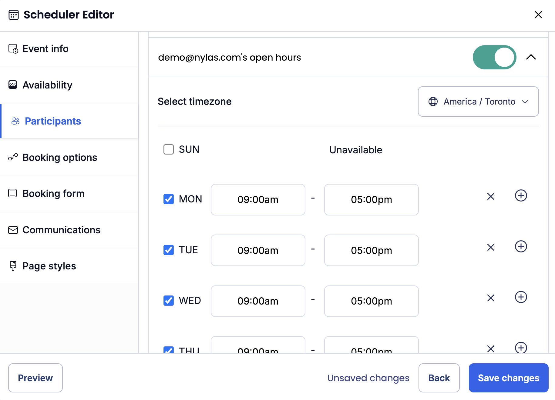 The Scheduler Editor shows the Participant open hours section on the Participants tab.