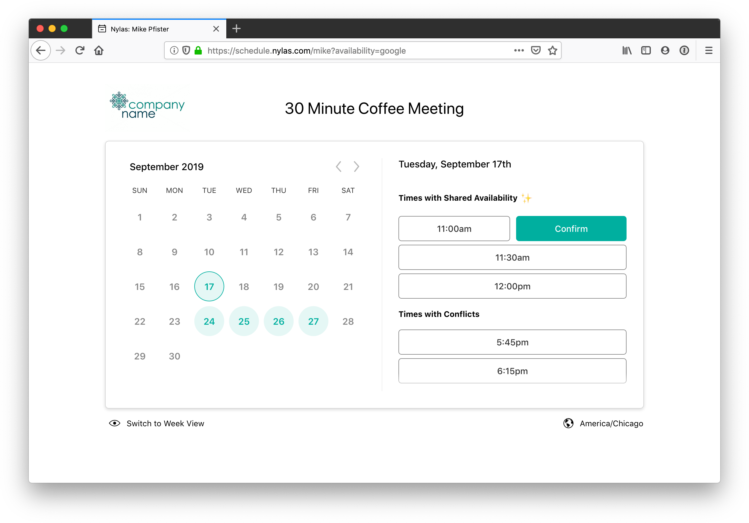 The Nylas Scheduler showing free times for a 30-minute coffee meeting. A list of times with shared availability and times with conflicts is shown.