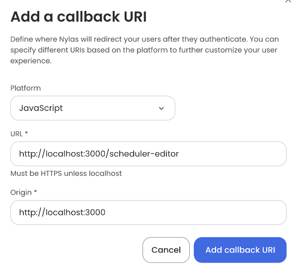 Hosted authentication screen showing the Callback URIs tab, and a freshly added entry for a localhost callback URI.